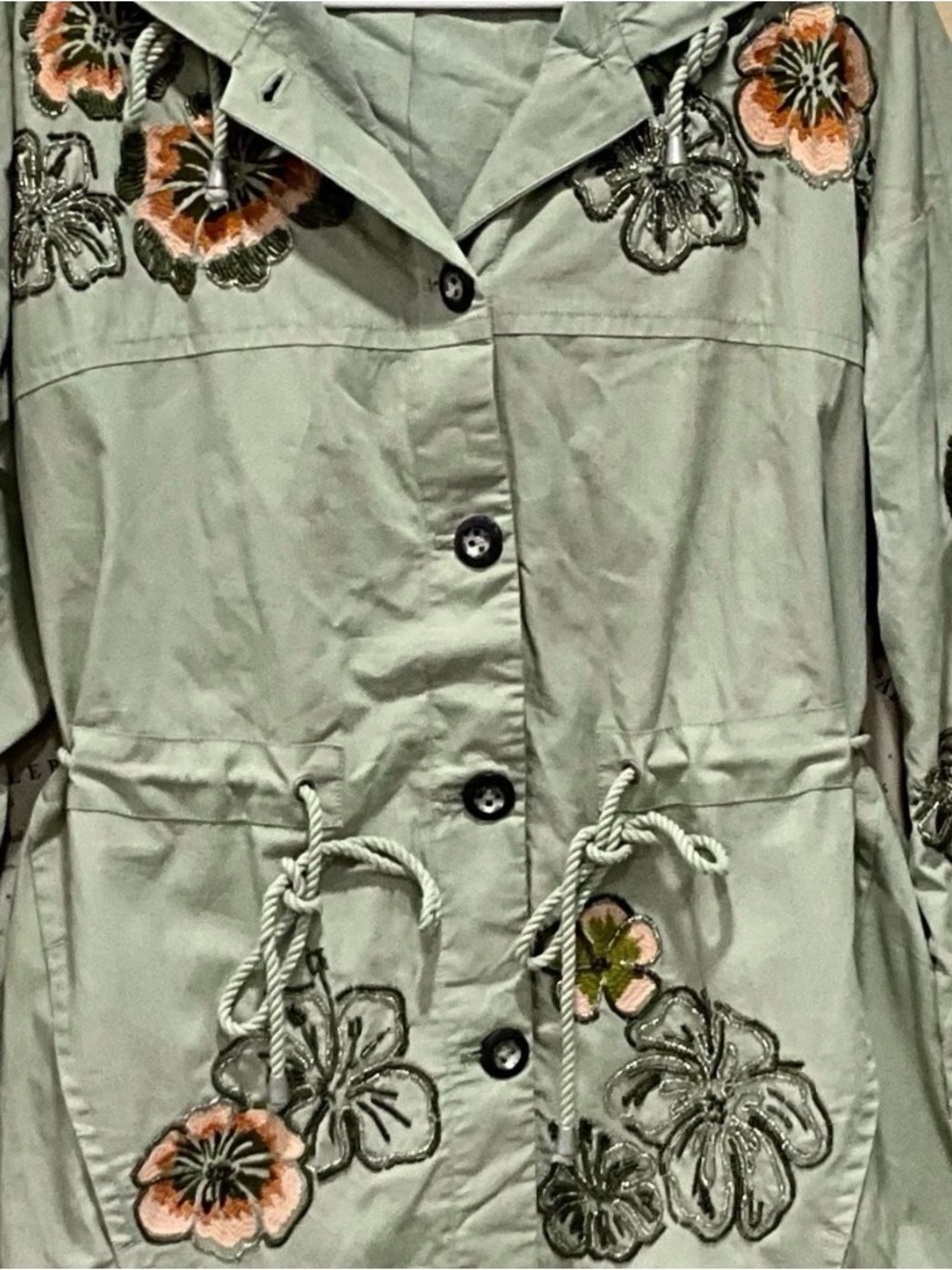 Free People We The Free Davy Jones Parka Hood Embroidery Bead Floral Sage - Picture 6 of 8